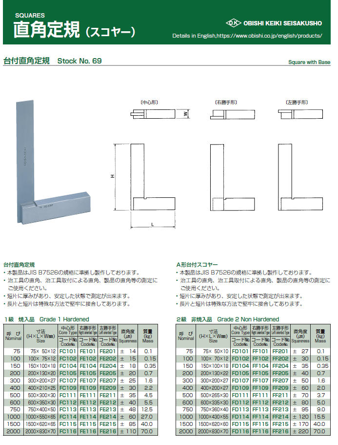 よいしな / 台付直角定規2級焼入(左勝手形) ㈱大菱計器製作所 ｵｵﾋﾞｼ